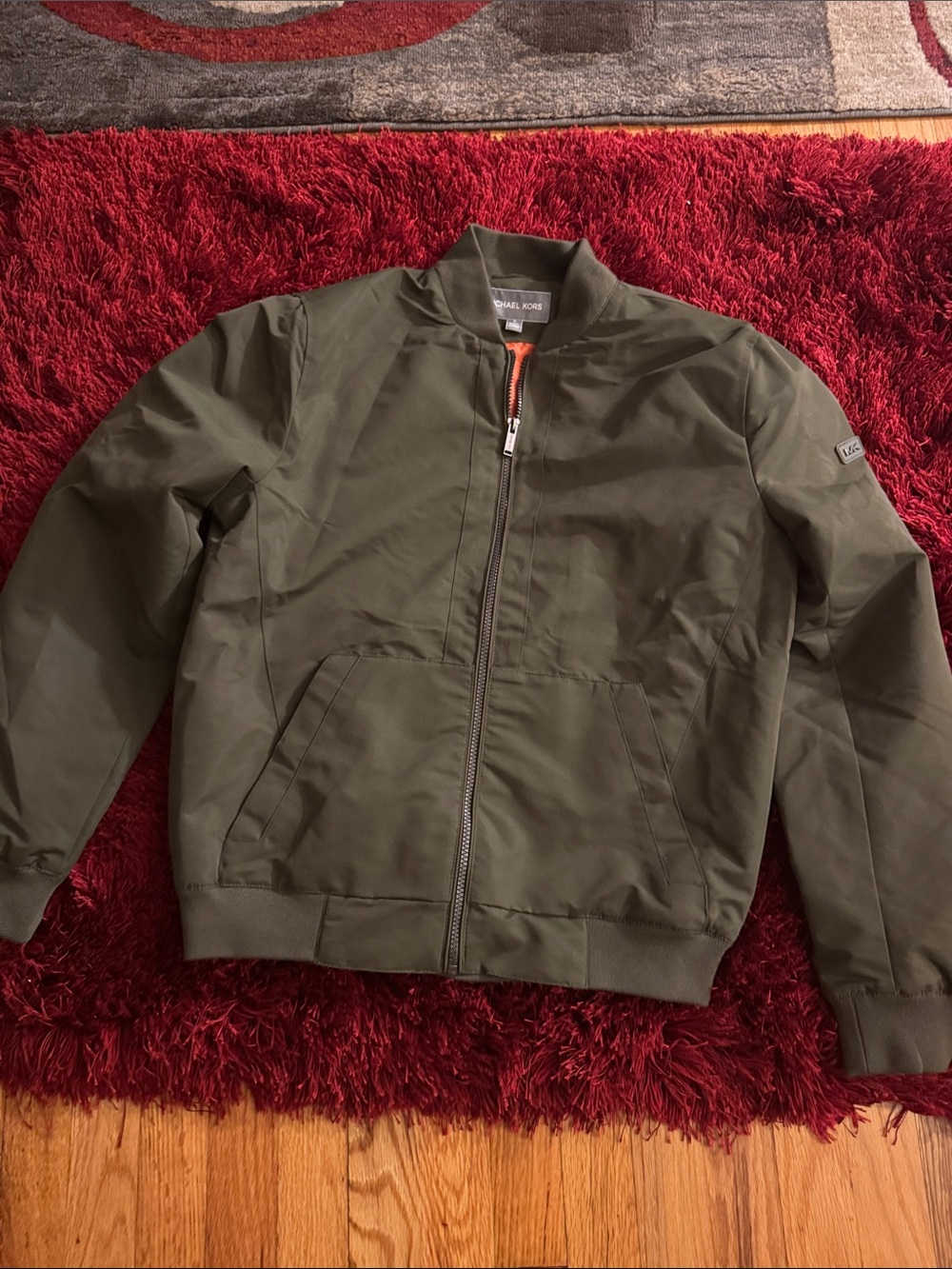 Michael Kors Olive Green Bomber Jacket with Orange Trim